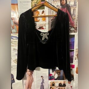 Black Velvet Top with Bling Bow Detail